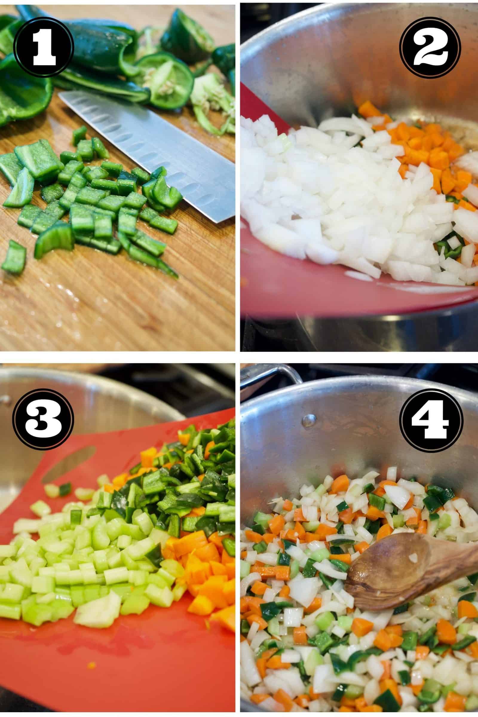 Process shots for Creamy Chicken Poblano Soup. 1. poblano peppers on cutting board with knife, diced. 2. adding diced onions, to butter. 3. Adding celery, carrots and chilis to pot. 4. In soup pot sauteing all of the veggies.