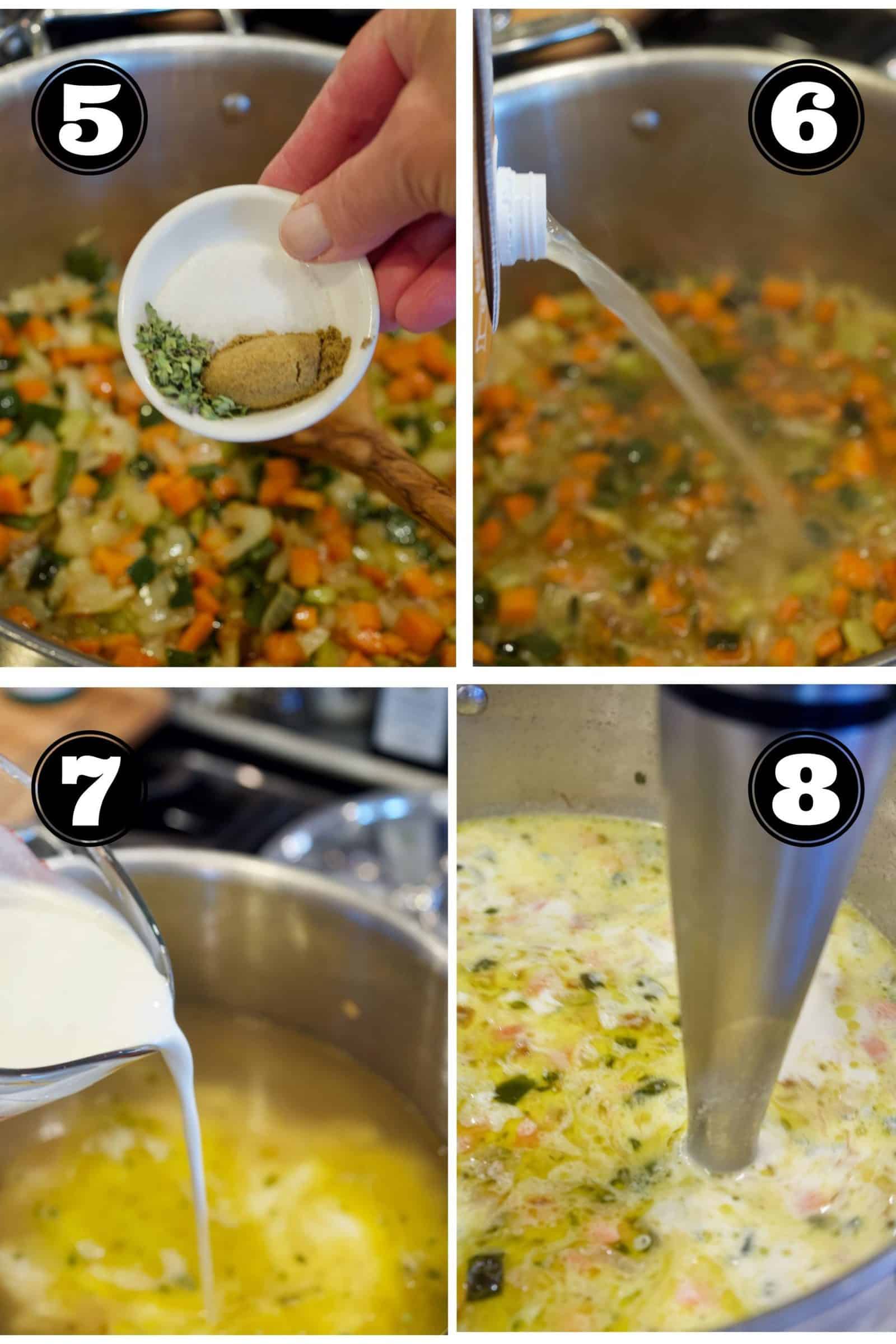 Process shots for Creamy Chicken Poblano Soup 5. adding spices to sauted veggies. 6. Pouring in chicken broth. 7. Adding heavy cream. 8 Using immersion blender to mix veggies and broth.