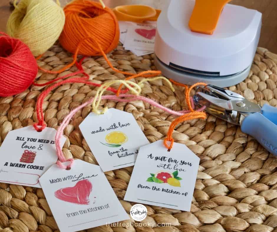 Free printable from the kitchen of...gift tags with cute colorful fonts and watercolor images, heart, lemon, citrus and cookies.