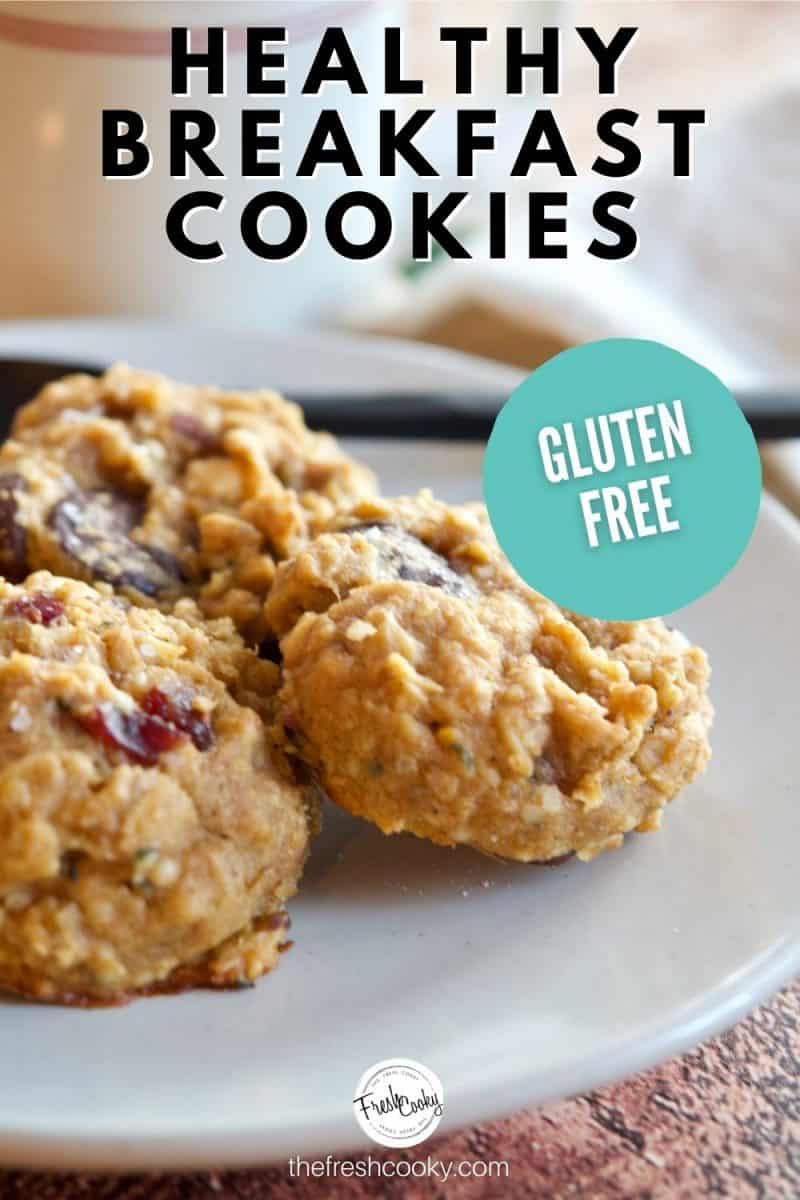 Healthy Gluten Free Breakfast Cookies Pin with plate of 4 breakfast cookies, and cup of tea in background