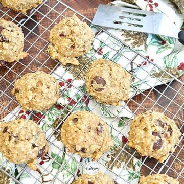 Facebook image Healthy Gluten Free Breakfast Cookies with spatula, cookies sitting on wire cooling rack.