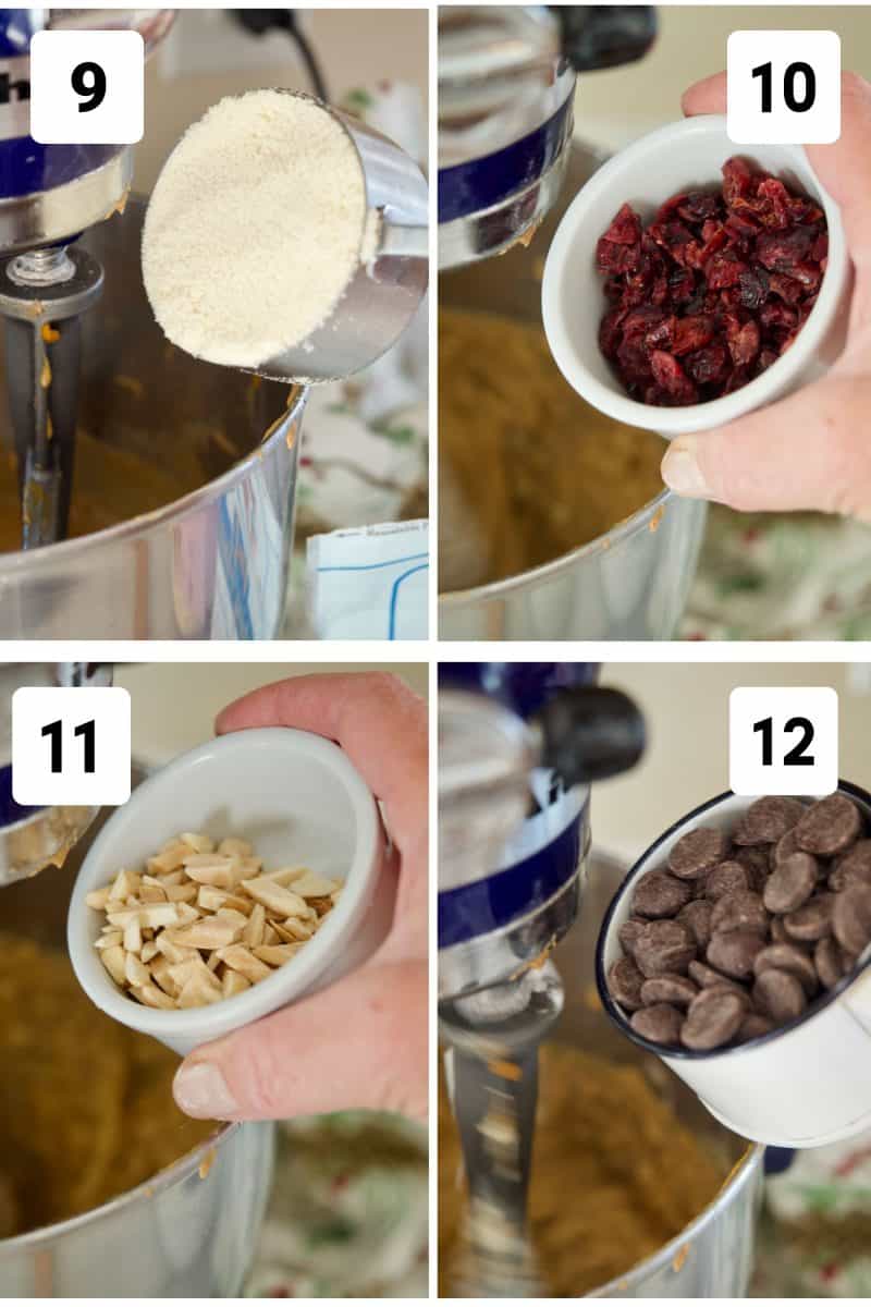 Process shots for Gluten Free Breakfast Cookies 9. Adding Almond flour 10. Adding dried cranberries. 11. adding chopped almonds. 12. adding chocolate chips.