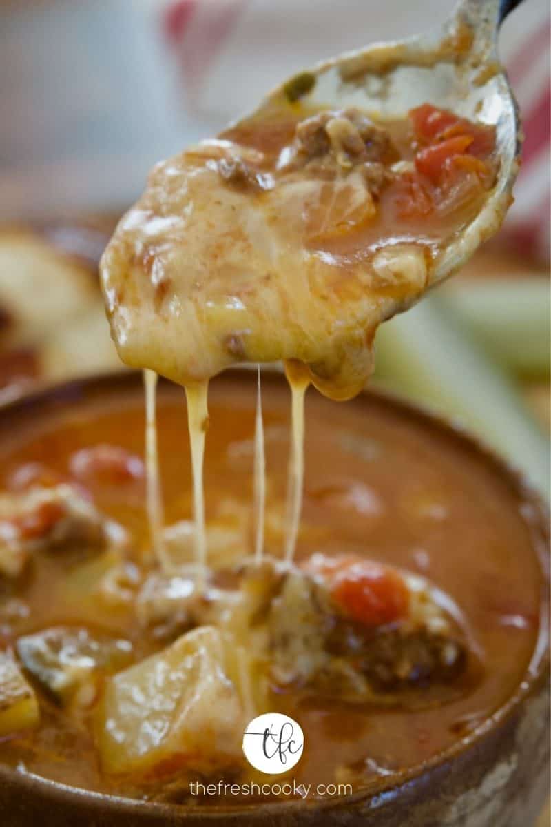 image of cheesy spoonful of healthy cheeseburger soup