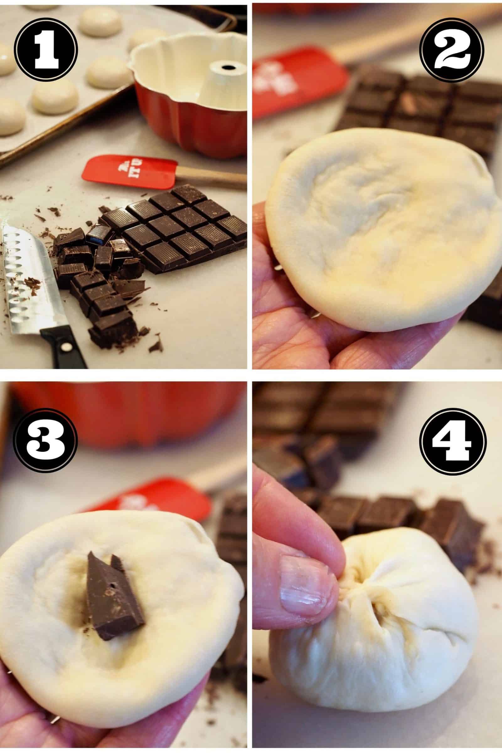 Process shots for Chocolate Monkey Bread recipe. 1. Chopping chocolate, bundt pan and thawed bread rolls. 2. flattened bread roll in hand. 3. piece of chocolate in center of bread roll. 4. Pinching bread roll around chocolate.