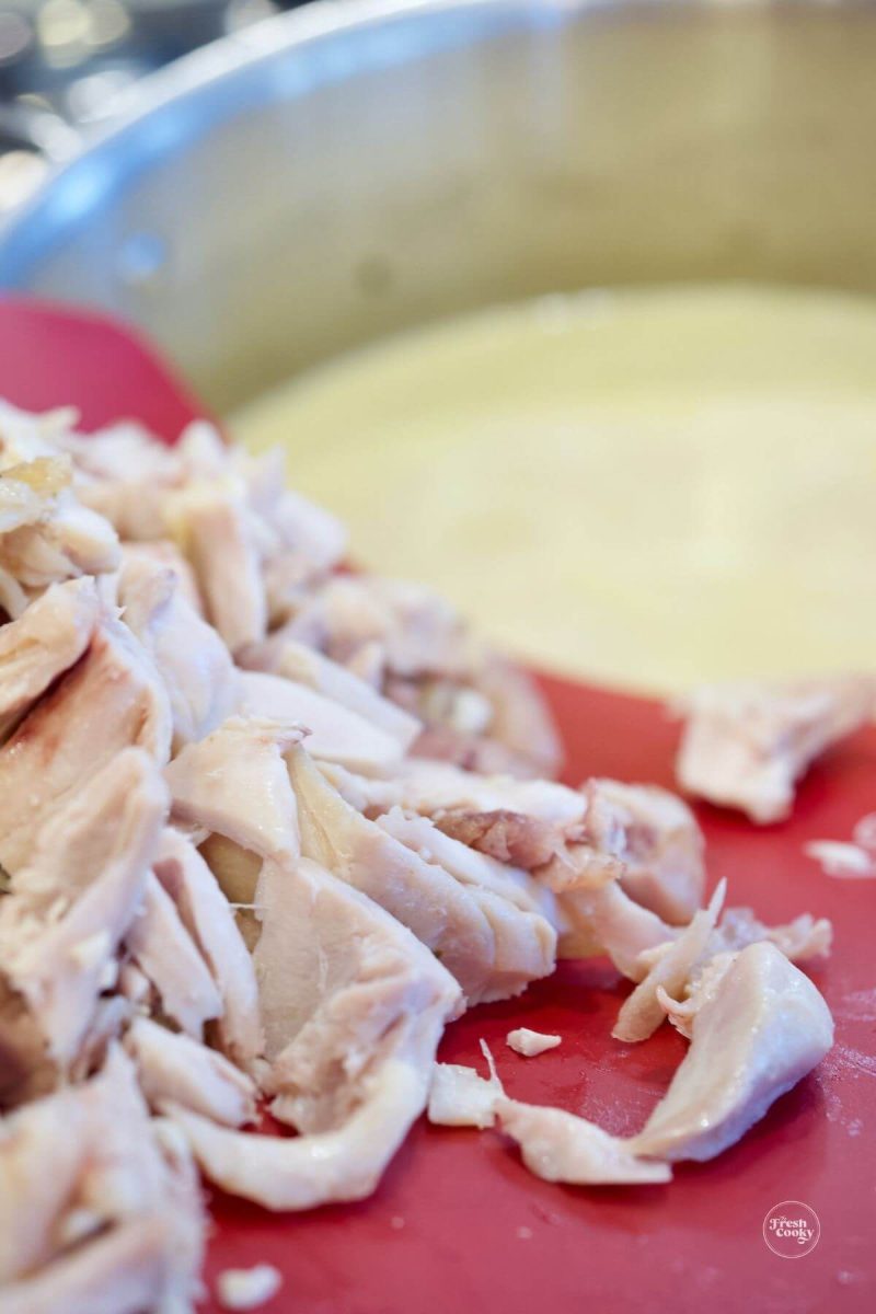 Stir in shredded, chopped rotisserie chicken to creamy poblano soup. 