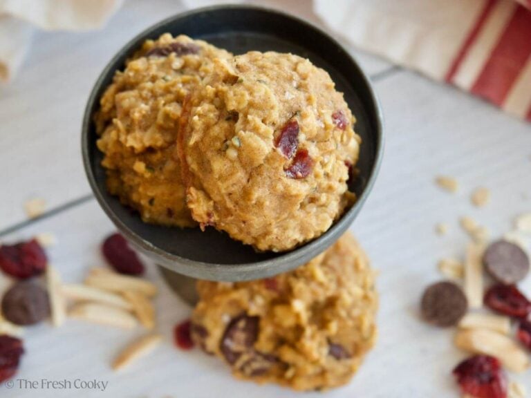 Two breakfast cookies, gluten-free on a little pedestal. 