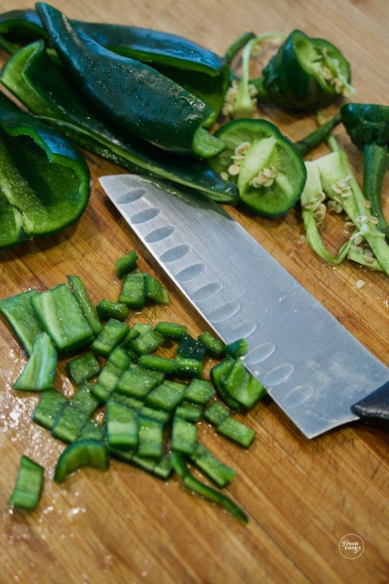 Chopping poblano peppers for soup. 