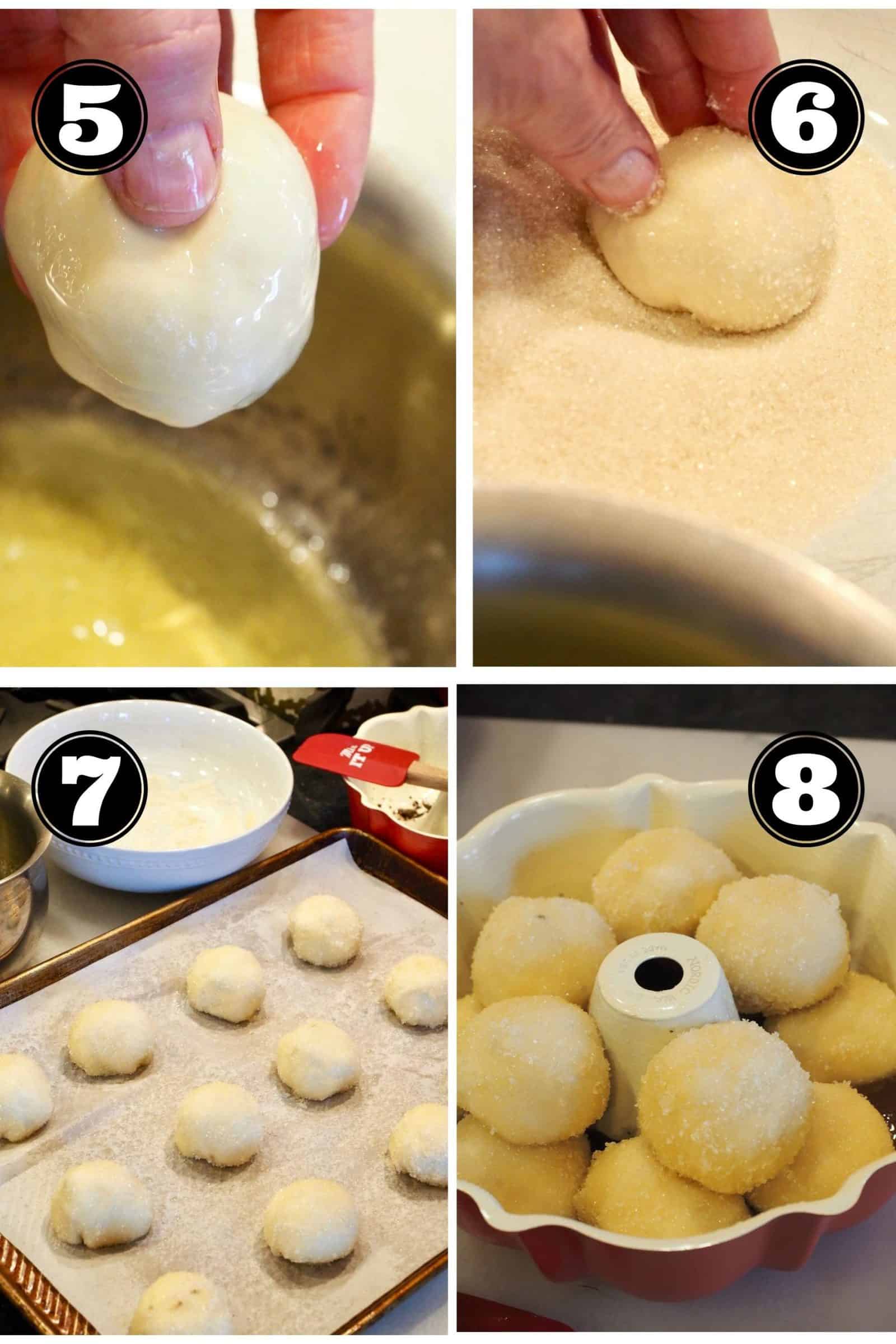 Process Shots for how to dip bread rolls and sugar in prep for Chocolate Monkey Bread Recipe.