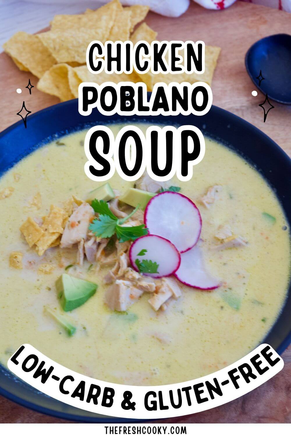 Creamy chicken poblano soup in black bowl, to pin.