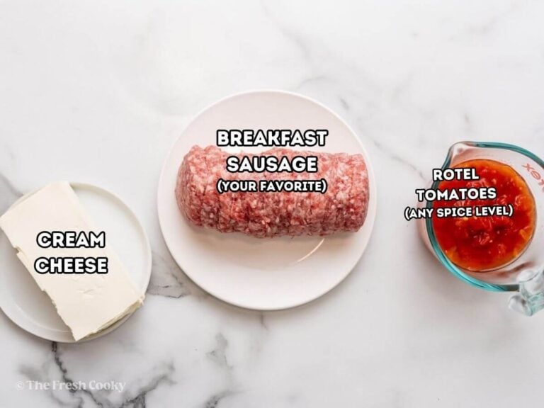 Rotel sausage dip ingredients, sausage, cream cheese and Rotel tomatoes.