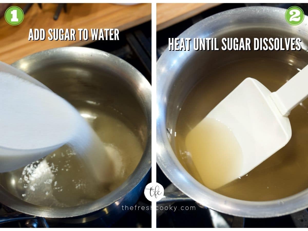 Process shots for all natural cane syrup. Adding sugar to water, dissolved sugar in water.