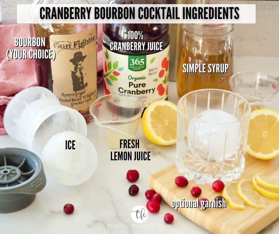 Cranberry Bourbon Sour Ingredient shot. Left to Right, Bourbon, 100% Cranberry juice, simple syrup, Lemon Juice, Ice