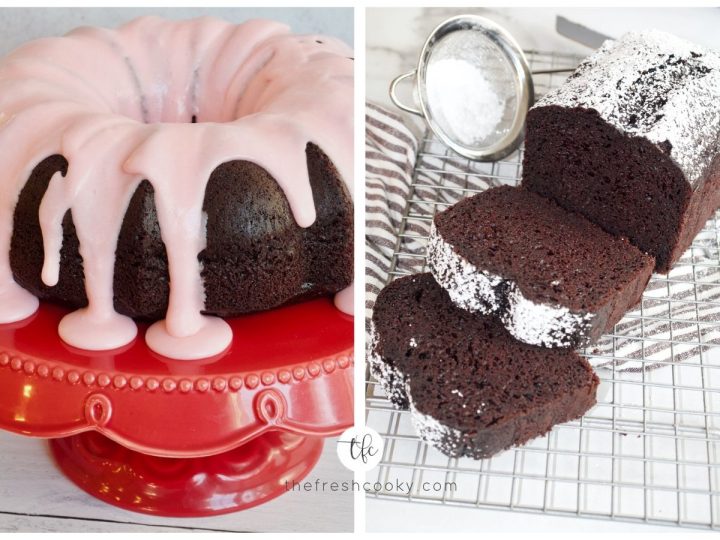 Two images of easy chocolate loaf cake. L image of glazed pink frosted bundt cake and second is sliced and powdered sugar dusted loaf cake