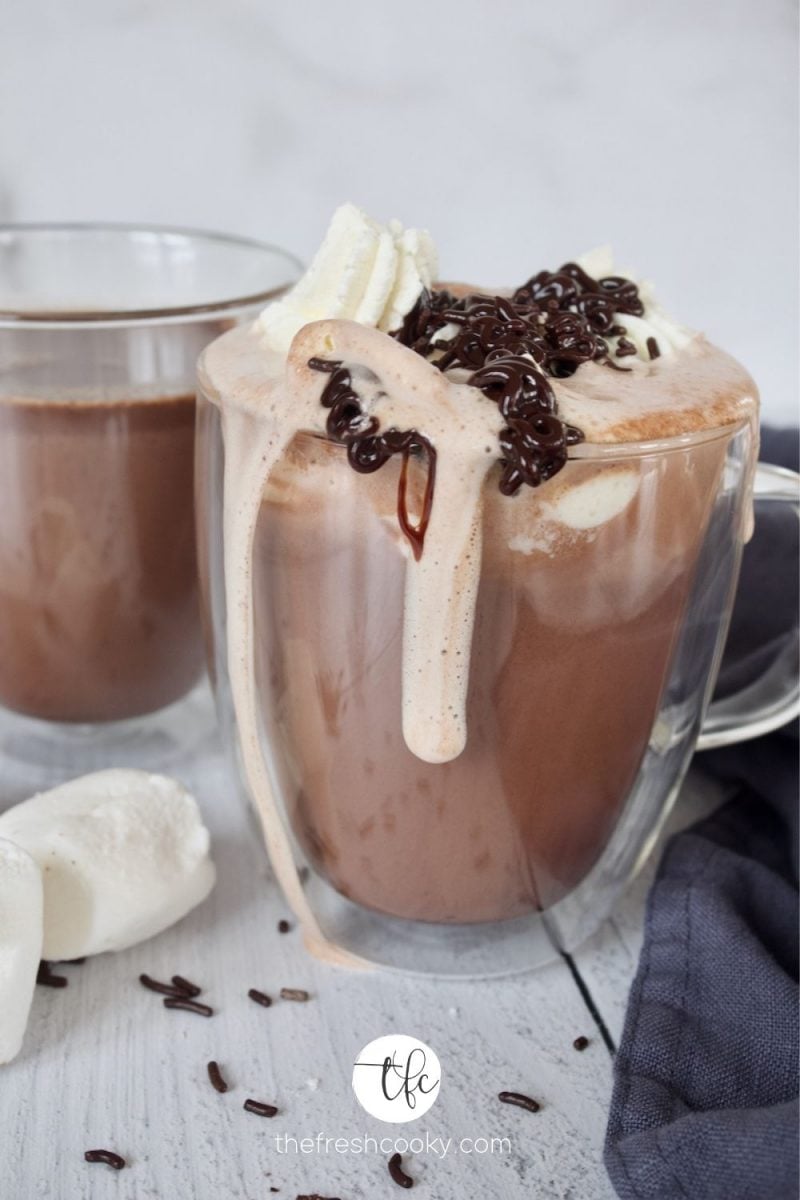Loaded Hot chocolate in glass mug with whipped cream, chocolate jimmies and chocolate syrup.
