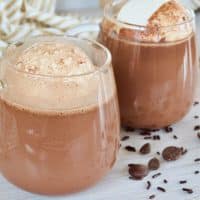 Hero image for Homemade Hot Chocolate in glass mugs with large spheres of whipped cream.