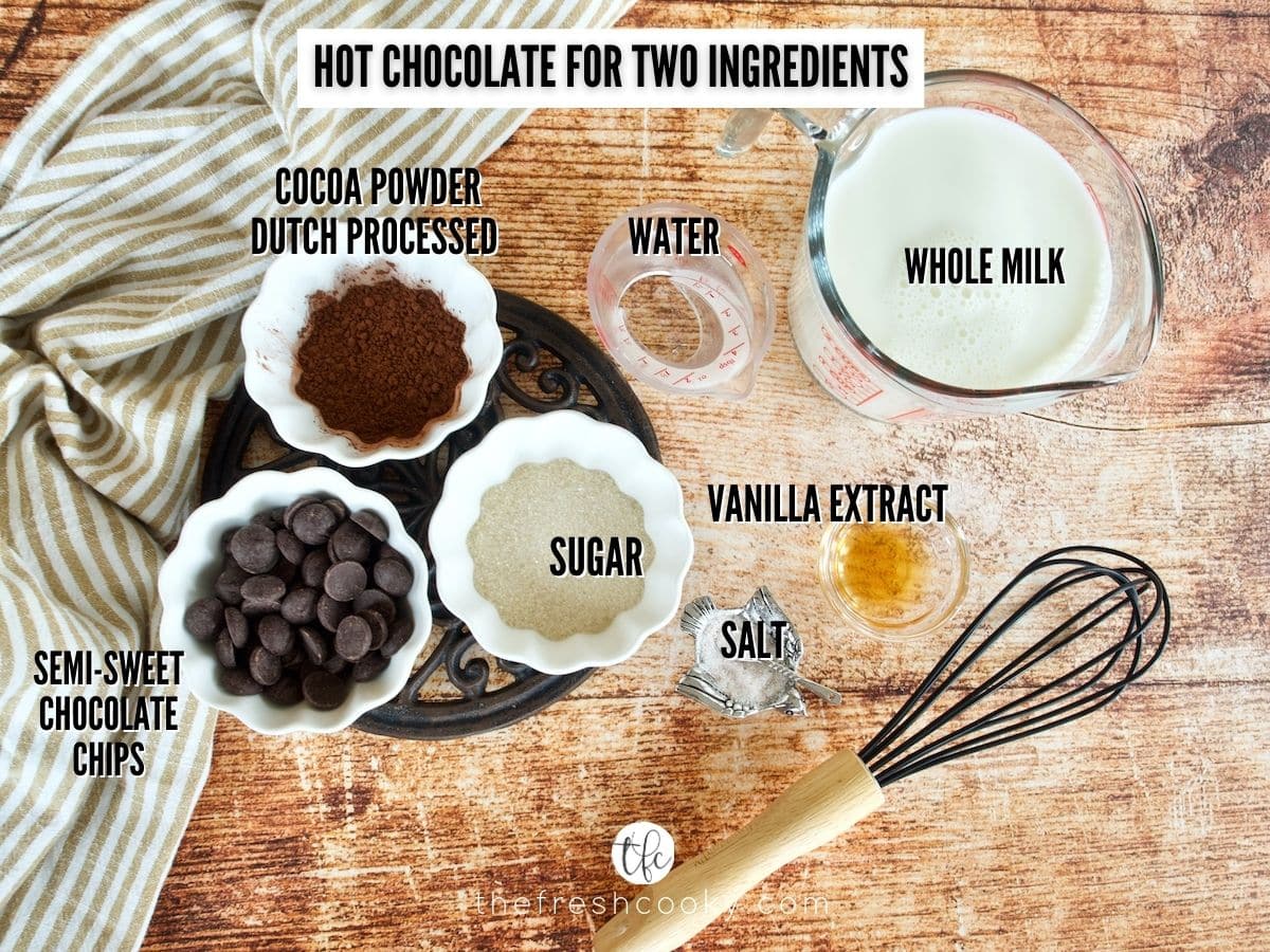 Image with Homemade Hot Chocolate Ingredients: L-R cocoa powder, water, whole milk, vanilla, salt, sugar and chocolate chips.