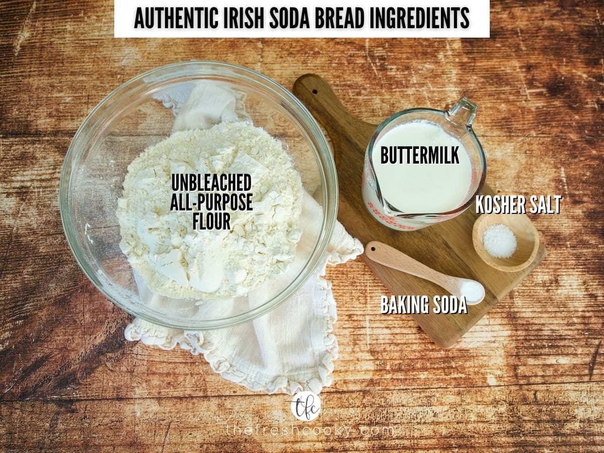 Ingredient shot for 4 ingredient Irish soda bread, L-R all purpose flour, buttermilk, kosher salt and baking soda