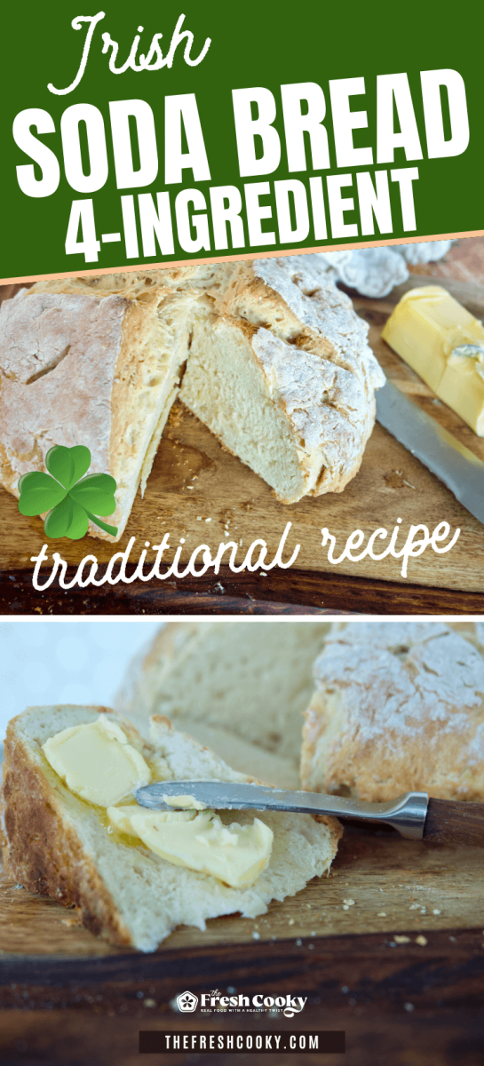 Traditional Irish soda bread baked and wedge removed, to pin.