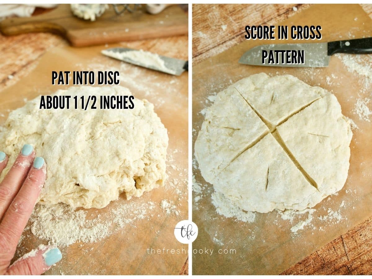 process shots for irish soda bread, patting dough into a disc, scored dough with knife in background.