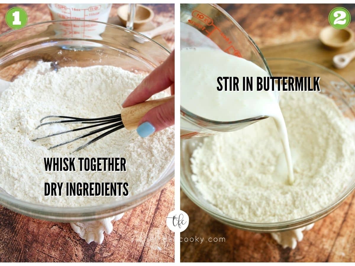 process shots for 4 ingredient soda bread, whisk dry ingredients, add buttermilk.