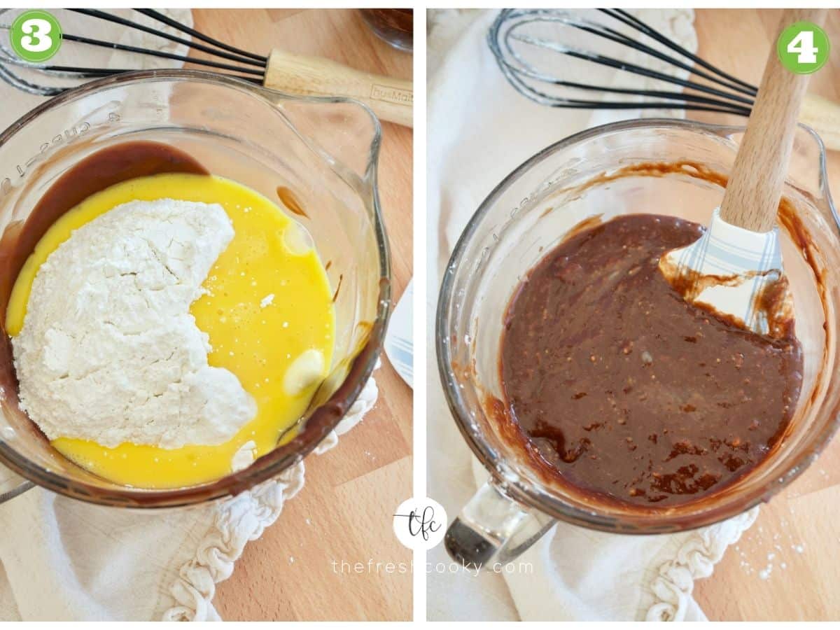 two images left image chocolate, egg mixture and flour and sugar mixture, 2nd image spatula mixing chocolate, eggs, flour mixture for easy lava cake recipe.