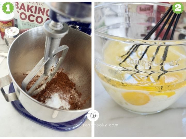 Process shots. 1. Mixing dry ingredients in mixer 2. mixing eggs, milk, oil and vanilla in another bowl