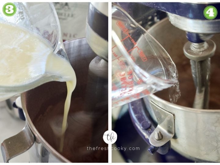 process shots for easy chocolate loaf cake 3. pouring milk and egg mixture into dry ingredients. 4. pouring boiling water into cake batter.