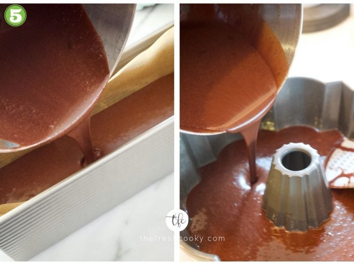 Process shots for easy chocolate loaf cake. 5. two images, left image of pouring batter into long loaf pan. 2nd image pouring batter into bundt pan.
