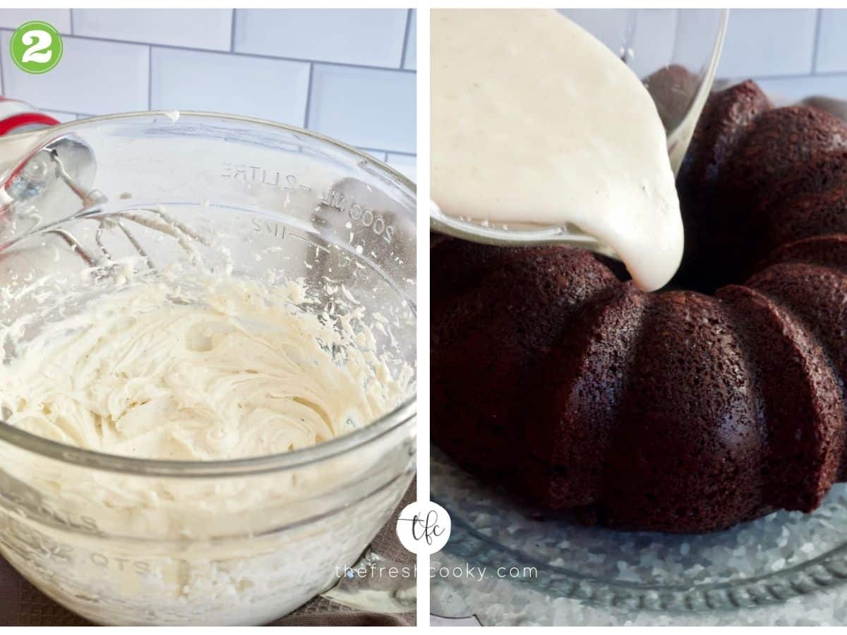 two images for buttercream glaze. 1. more buttercream consistency, 2. after microwaving pourable onto a chocolate cake