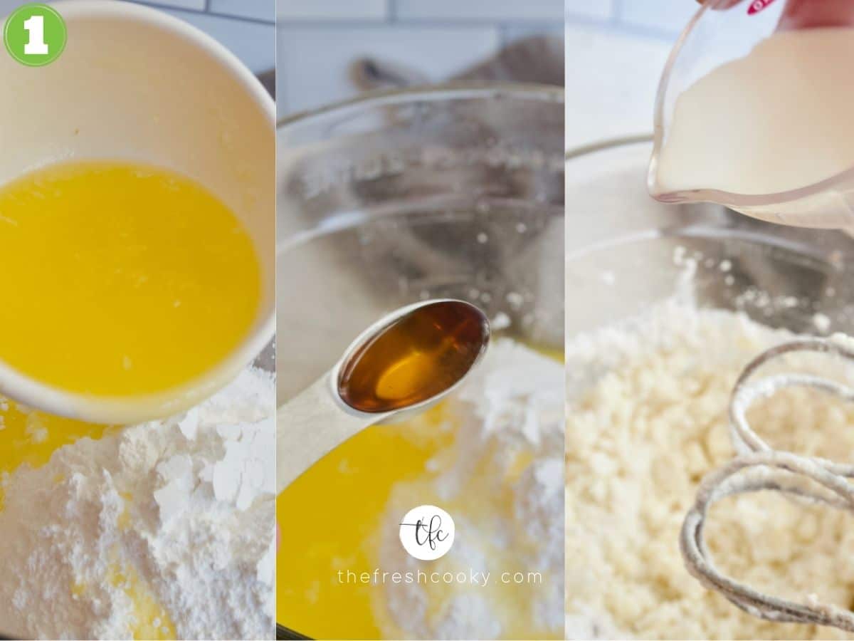 3 images for buttercream glaze. 1. pouring melted butter into powdered sugar. 2. adding vanilla. 3. adding cream