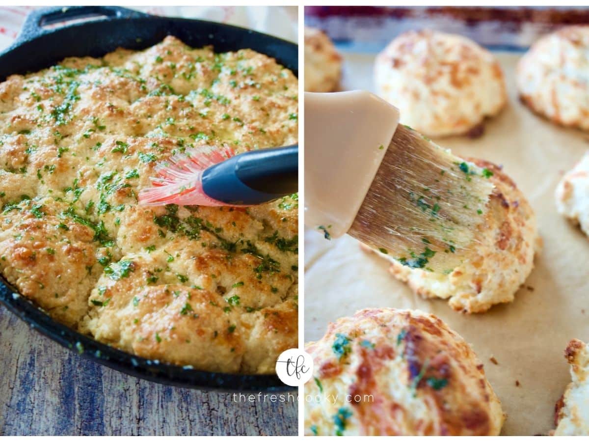 Red Lobster Cheddar Biscuits being brushed with butter garlic topping.