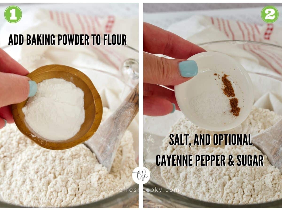 process shot for red lobster biscuits, 1 adding baking powder 2 adding salt, cayenne and sugar.