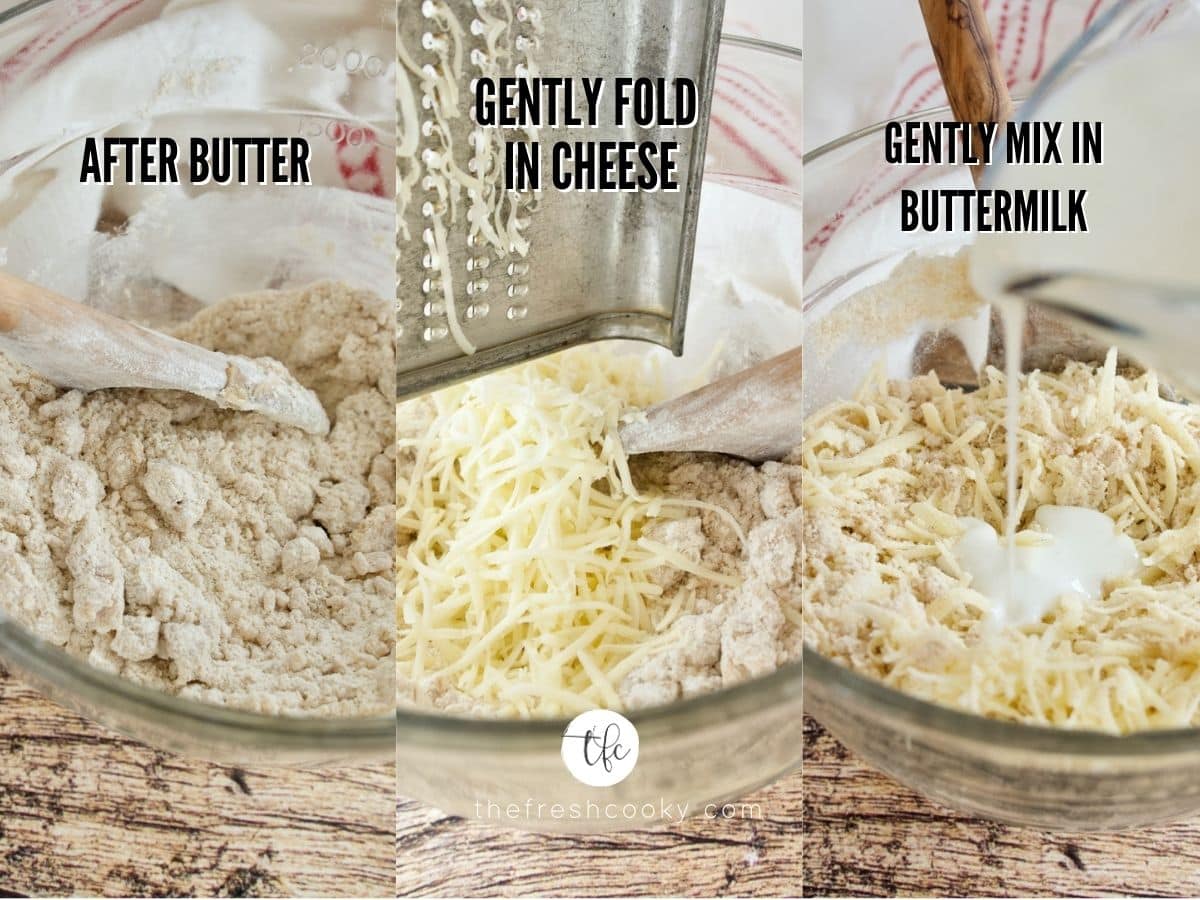 process shots, how batter looks after butter, 2. adding cheese. 3. pouring in buttermilk.