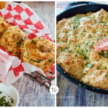 Two images, Red Lobster Cheddar Bay Biscuits, a. drop biscuits, b. skillet biscuit.