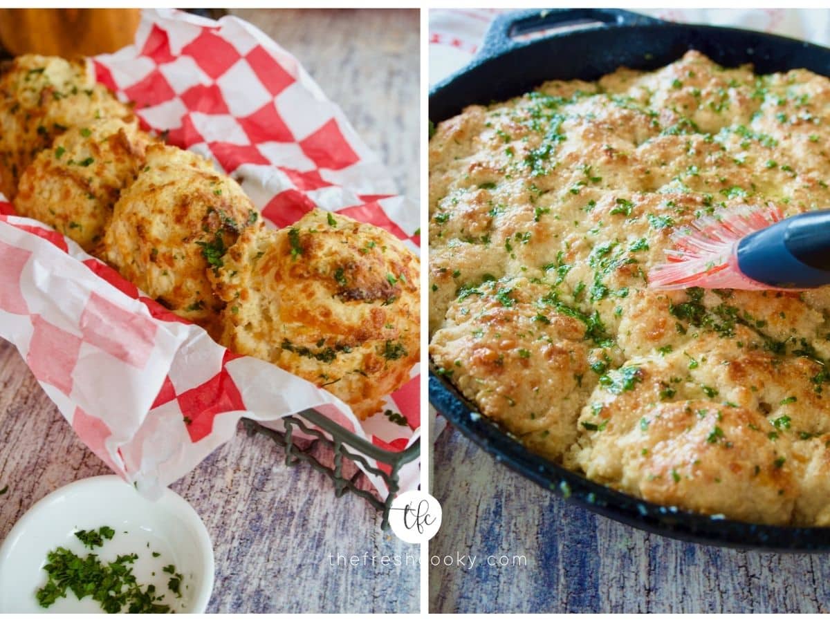 Two images, Red Lobster Cheddar Bay Biscuits, a. drop biscuits, b. skillet biscuit.