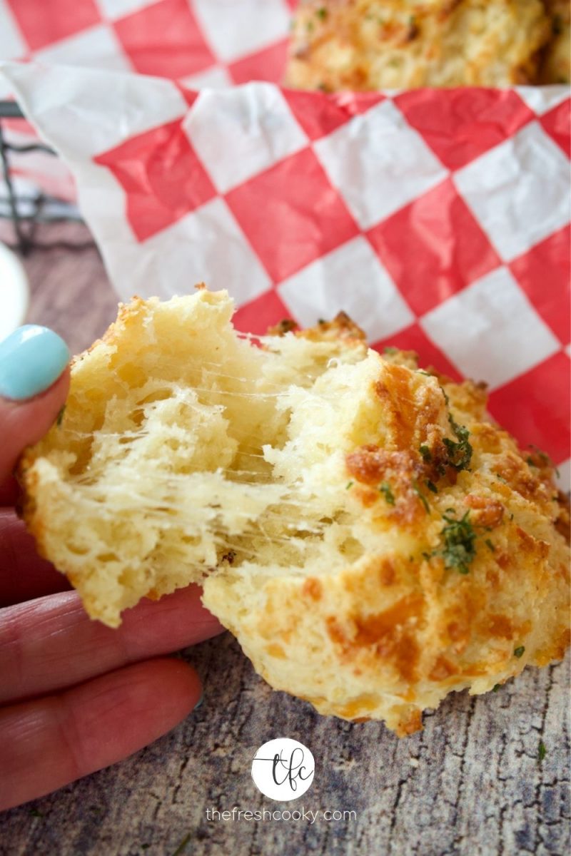 cheesy, hot red lobster cheddar biscuit torn in half with hand holding biscuit.