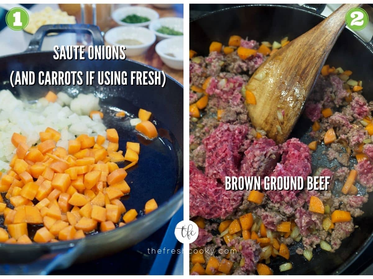 Process shots for Skillet Shepherd's Pie - 1) sauce onions and carrots 2) brown ground beef.