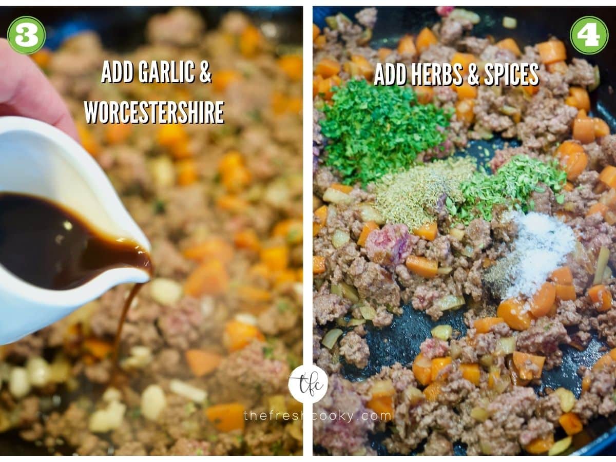 Skillet Shepherd's Pie process shots 3) adding garlic and Worcestershire sauce 4) adding herbs and spices.