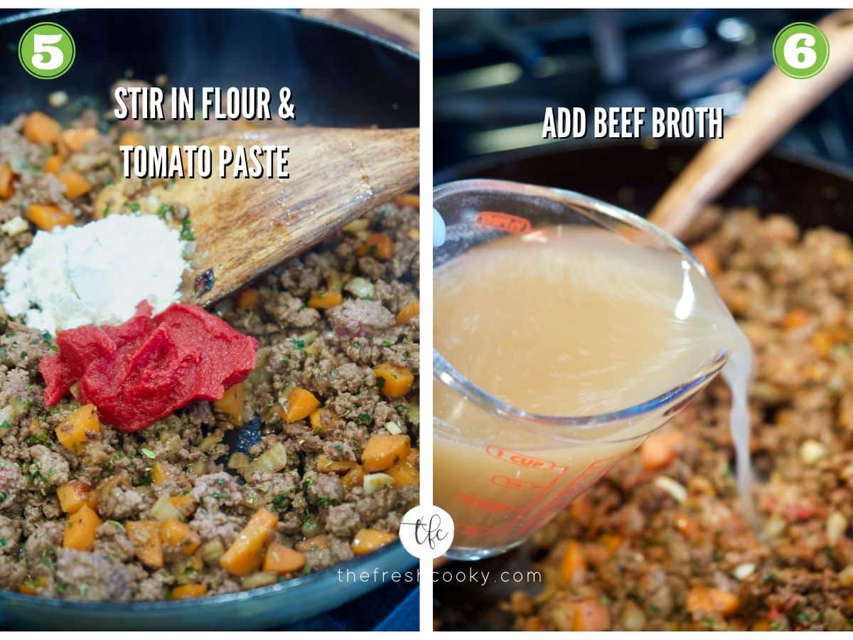 Skillet Shepherd's Pie Process shots 5) adding tomato paste and flour 6) pouring in beef broth.