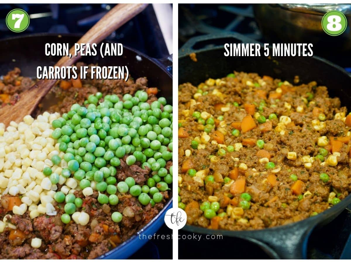 Process shots for Skillet Shepherd's Pie 7) mixing in frozen corn and peas 8) in skillet ready for mashed potatoes