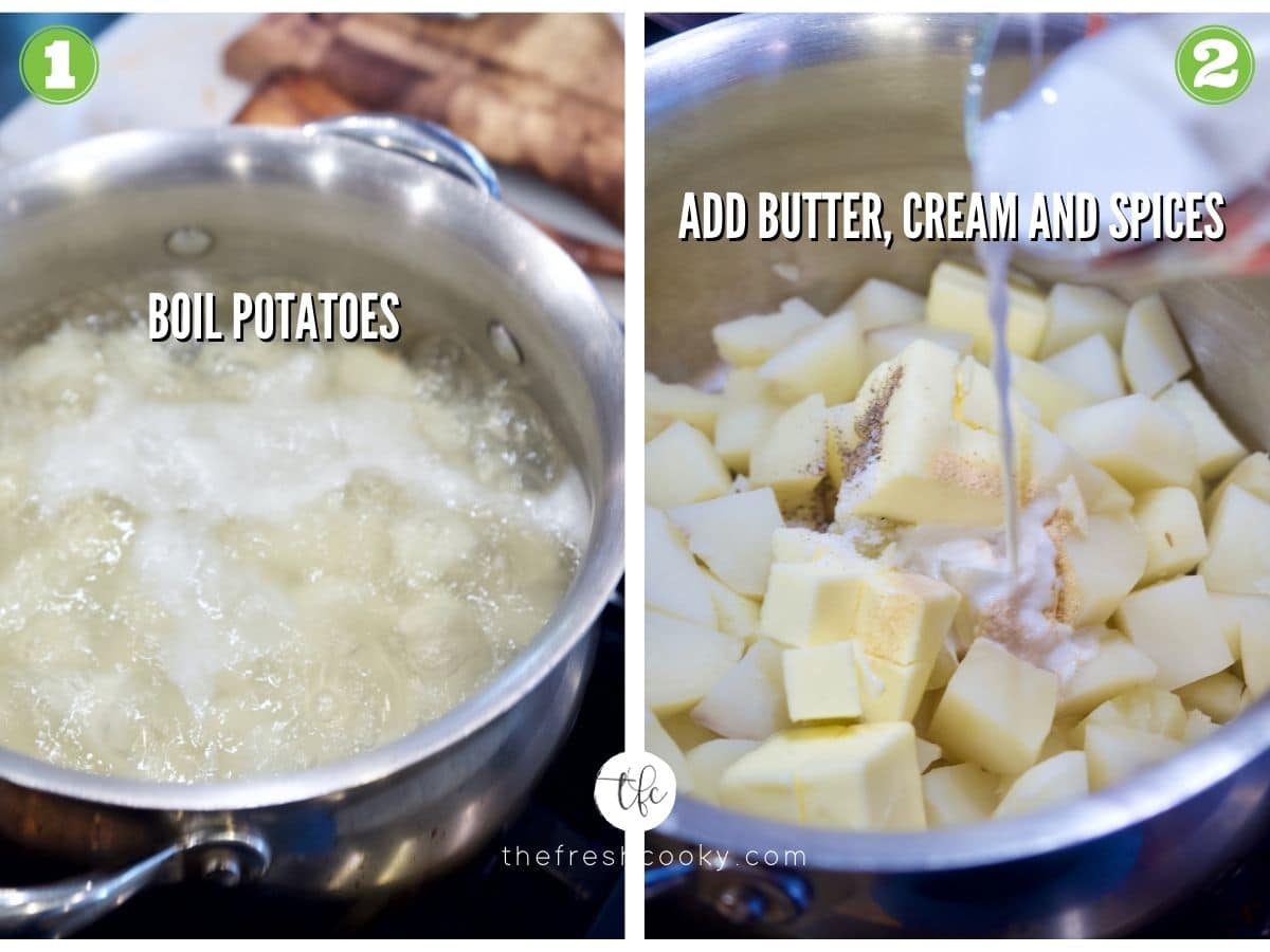 Process shot for Garlic and Cheese Mashed Potatoes 1) potatoes boiling in water 2) adding spices, butter and cream to potatoes