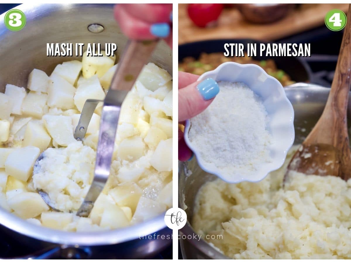 process shot for skillet shepherd's pie mashed potatoes 2) mashing potatoes 4) adding parmesan cheese