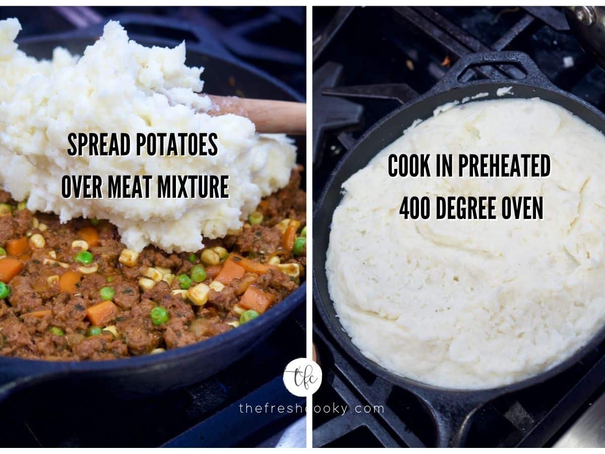 Skillet Shepherd's Pie process shots 5) spreading mashed potatoes on meat mixture 6) skillet filled with meat and potatoes ready for oven.