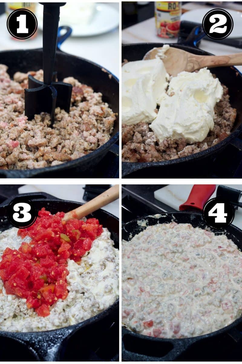 Process shots for sausage cream cheese dip. 1. brown ground beef. 2. stir in softened cream cheese. 3. add Rotel tomatoes 4. ready to heat