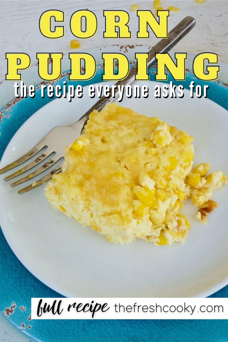 Corn Pudding Casserole without jiffy pin with serving of corn pudding on pretty plates.