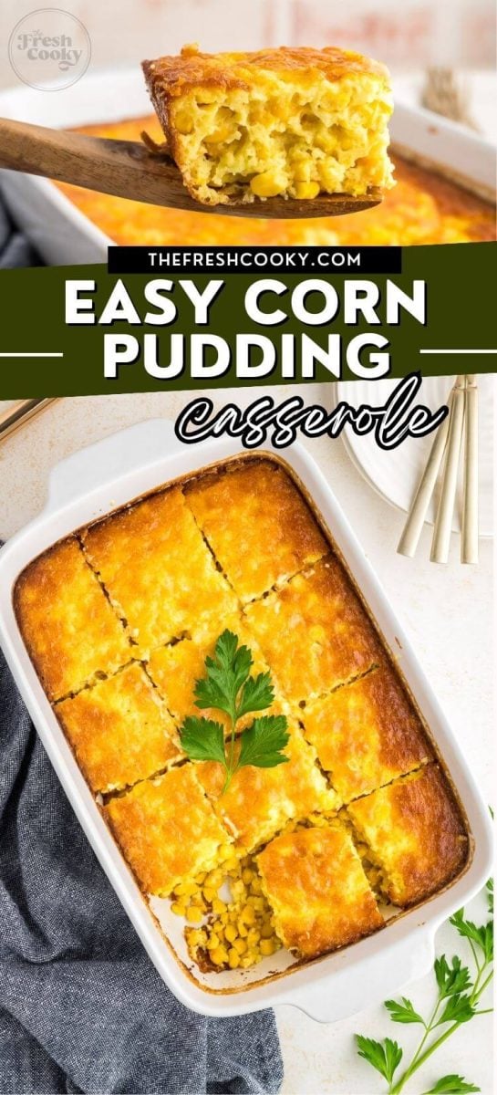 Easy Corn pudding casserole with serving on plate and entire baking dish. to pin.