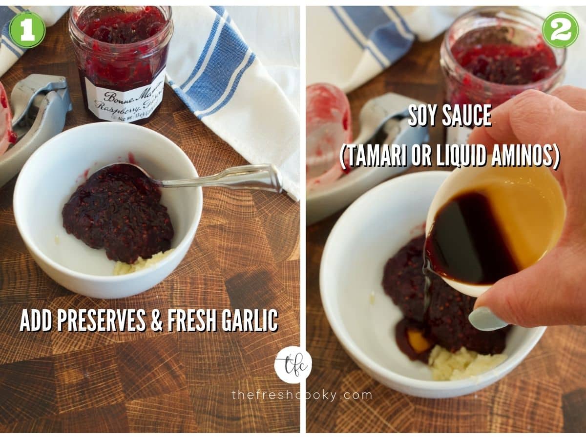 process shots for raspberry glazed salmon 1) raspberry preserves in small bowl with minced garlic. 2) adding soy sauce tamari to preserves.