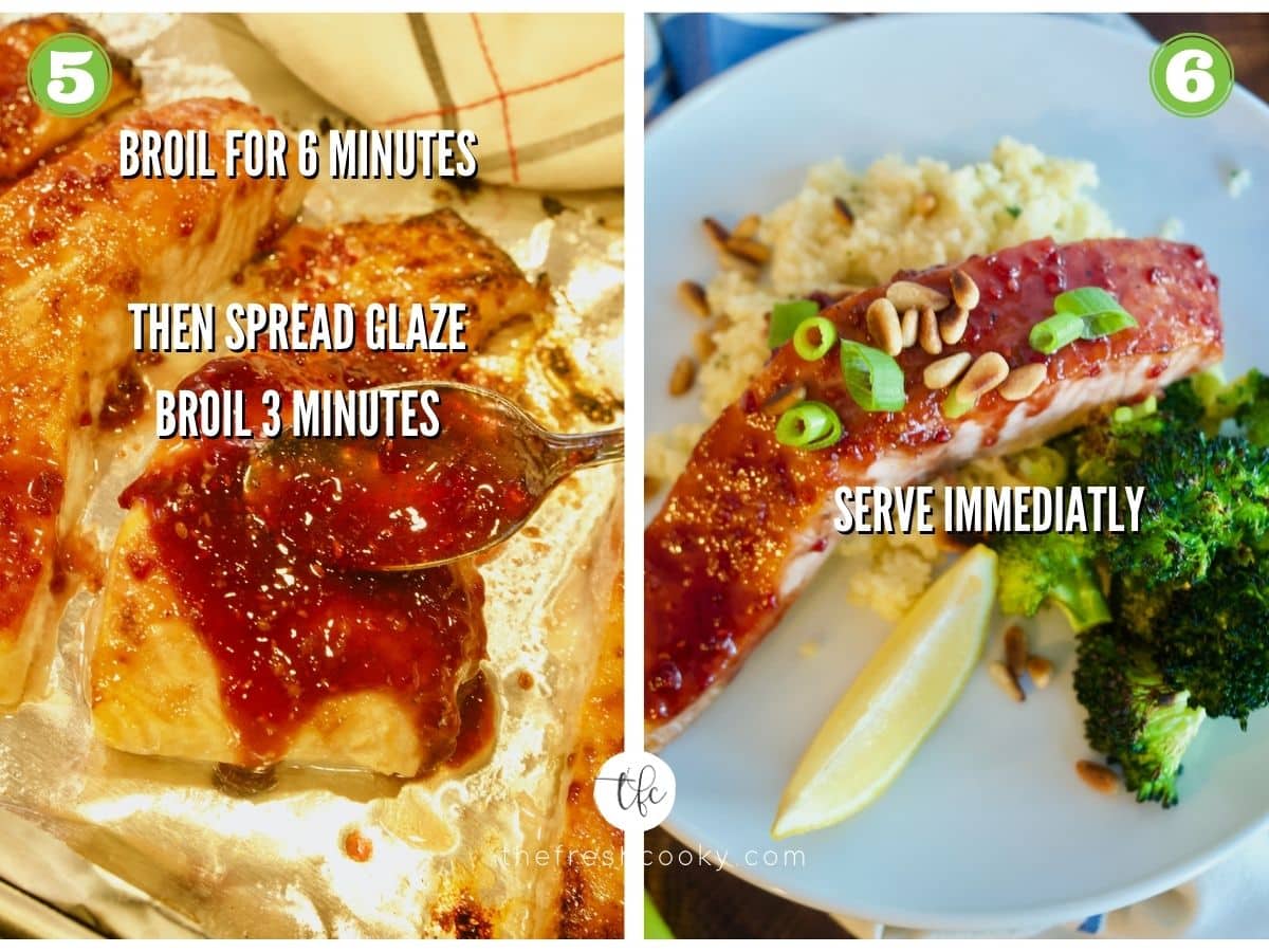 Process shots for raspberry glazed salmon 5) adding final amount of glaze to partially baked salmon 6) plated salmon.