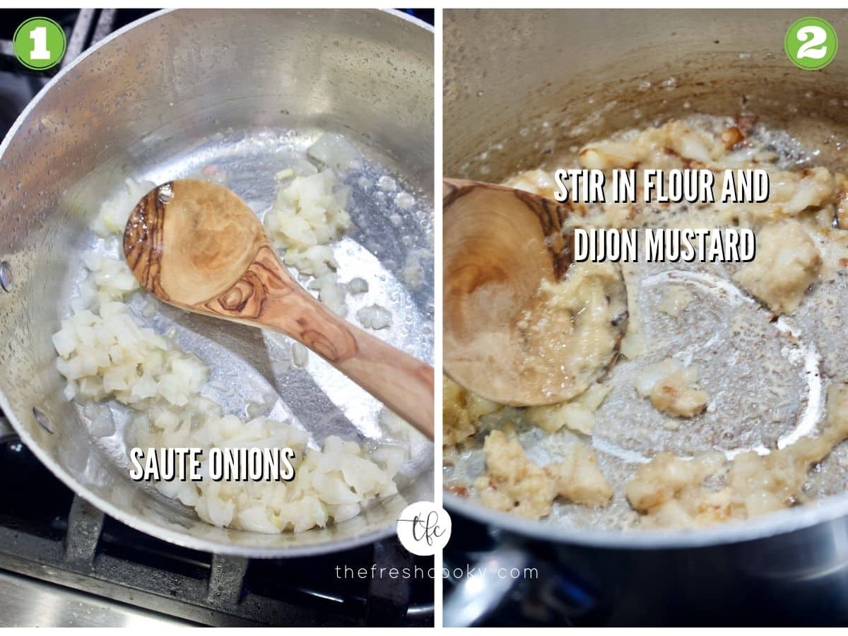 Process shots for ham, mac & cheese soup 1) saluting onions, adding flour and dijon.