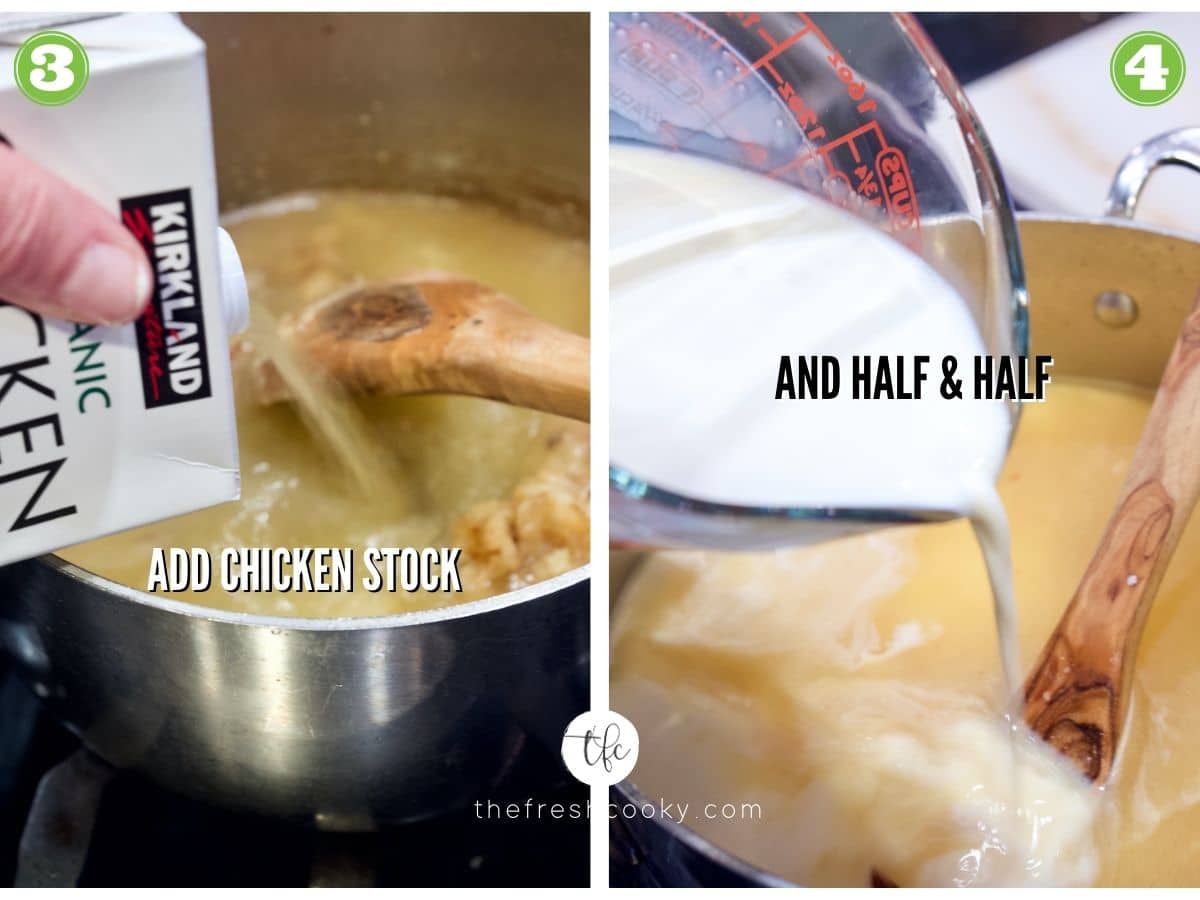 Adding chicken broth and half and half to Ham, Mac & cheese Soup recipe.
